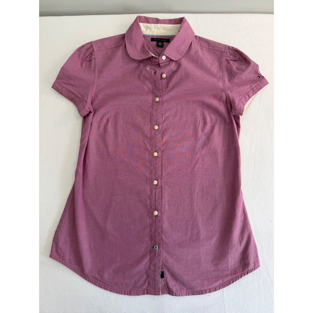 Tommy Hilfiger Button Down Shirt Womens Small Purple Puff Sleeve Peter Pan Top